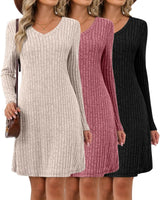 Riyiper 3 Pack Womens Long Sleeve Dresses Knit V Neck Fall Winter Dresses Causal Loose Fit Sweater Tunic Dresses(Beige Wine Red BlackXX-Large) - Lootquake