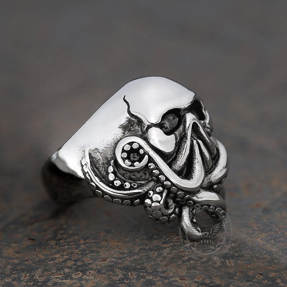 Anillo de calavera de acero inoxidable con diseño de pulpo marinero