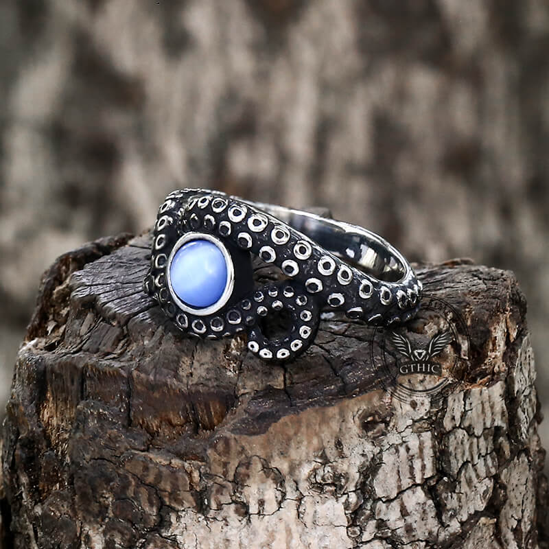 Anillo de acero inoxidable con forma de animal y tentáculo de pulpo