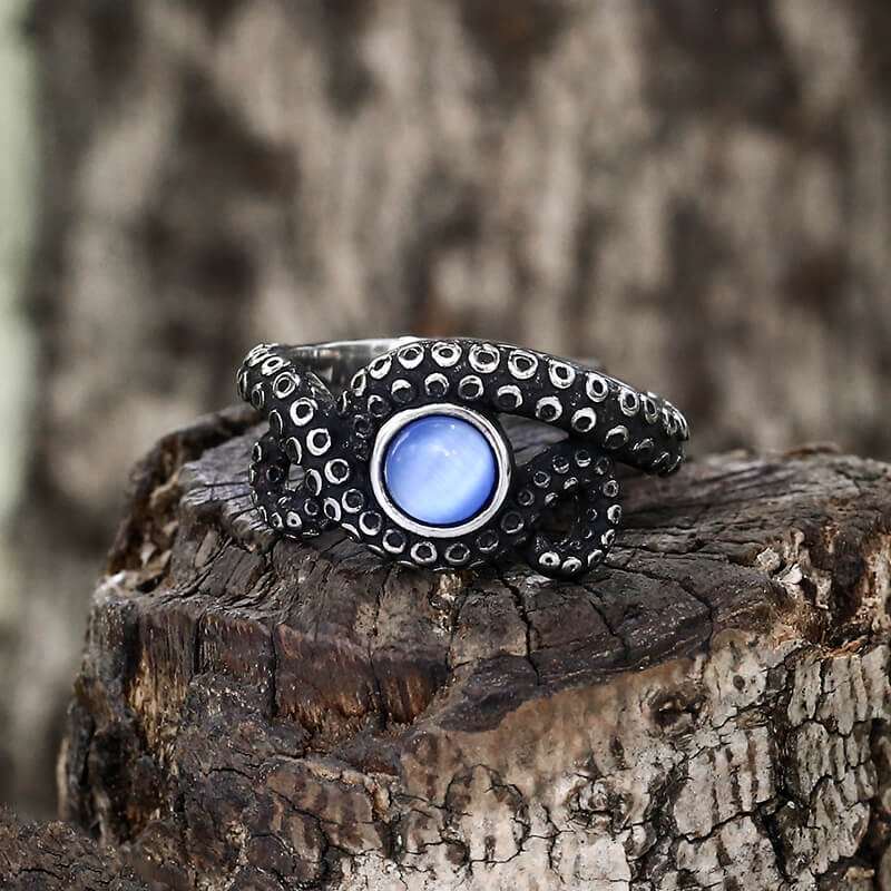 Anillo de acero inoxidable con forma de animal y tentáculo de pulpo