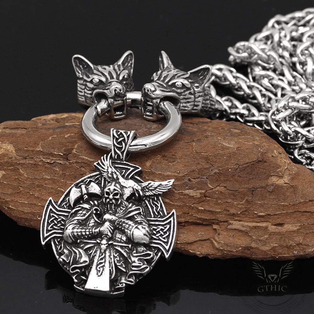 Odin Wolf Raven Stainless Steel Viking Necklace