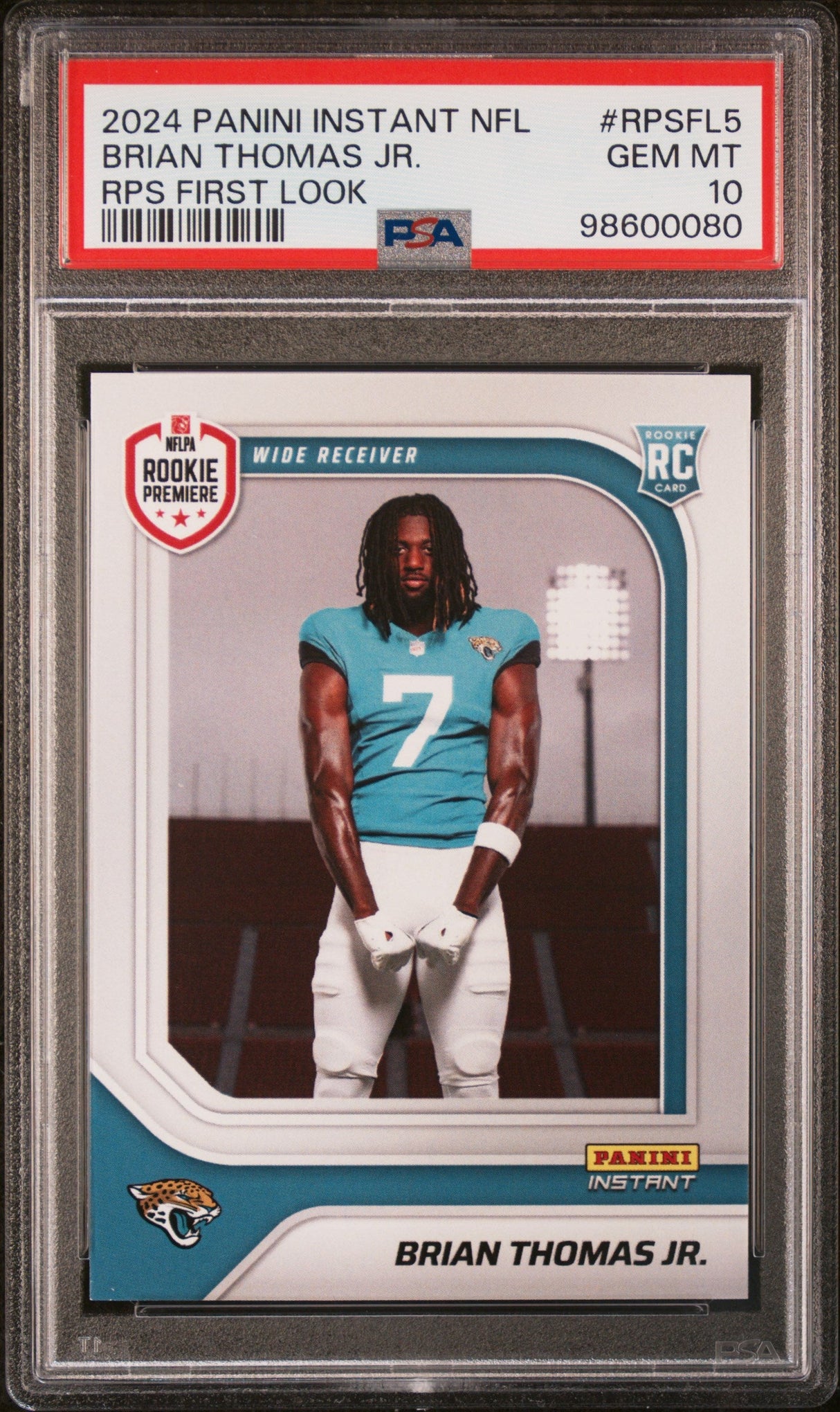 Tarjeta de fútbol americano Panini Instant NFL Brian Thomas Jr #RPSFL5 de primer vistazo de RPS, calificada en 2024, para novato, con radiocontrol, PSA 10 Gem Mint