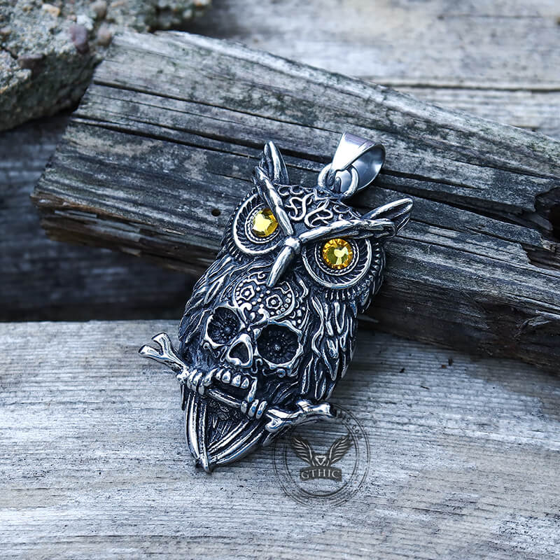 Owl Stainless Steel Gemstone Skull Pendant