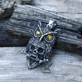 Owl Stainless Steel Gemstone Skull Pendant
