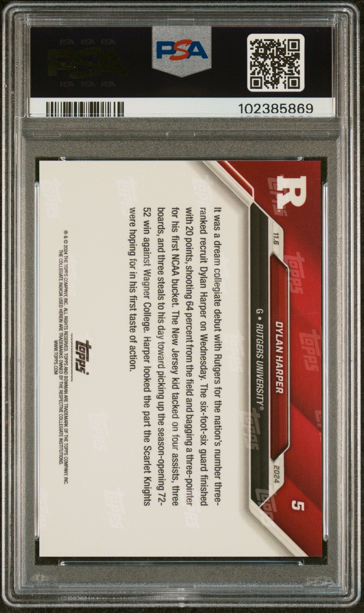 Tarjeta de baloncesto RC Dylan Harper #5 Rookie de Topps Bowman U. 2024, calificada, PSA 10 Gem Mint