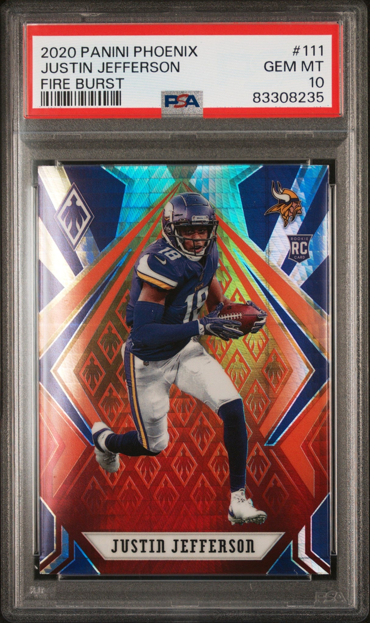 Tarjeta de fútbol RC de novato Fire Burst de Justin Jefferson n.° 111 de Panini Phoenix, clasificada en 2020, PSA 10 Gem Mint