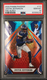 Tarjeta de fútbol RC de novato Fire Burst de Justin Jefferson n.° 111 de Panini Phoenix, clasificada en 2020, PSA 10 Gem Mint