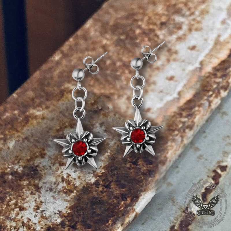 Pentagram Red Gemstone Stainless Steel Stud Earrings