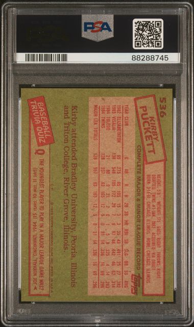 Tarjeta de béisbol Topps Kirby Puckett #536 Rookie RC de 1985, calificada PSA 9 Mint