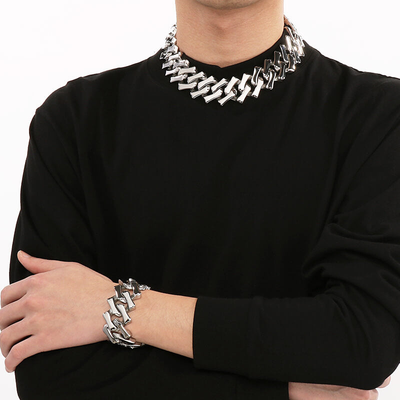 Pulsera de acero inoxidable con cadena cubana y rombos punk