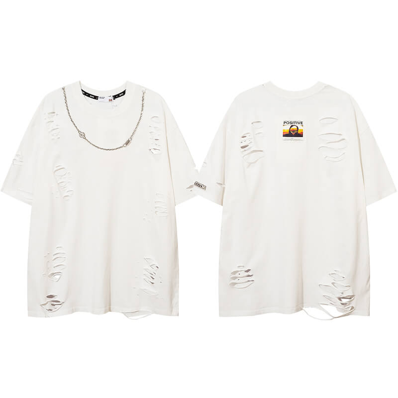 Punk Ripped Short Sleeve T-shirt With Chain