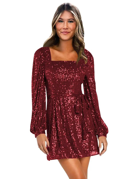 CDSSL Burgundy Sparkly Sequin Homecoming Dresses with Sleeves Short Square Neck Mini Formal Dresses for Teens Prom Cocktail Dresses for Women Size 6 - Lootquake