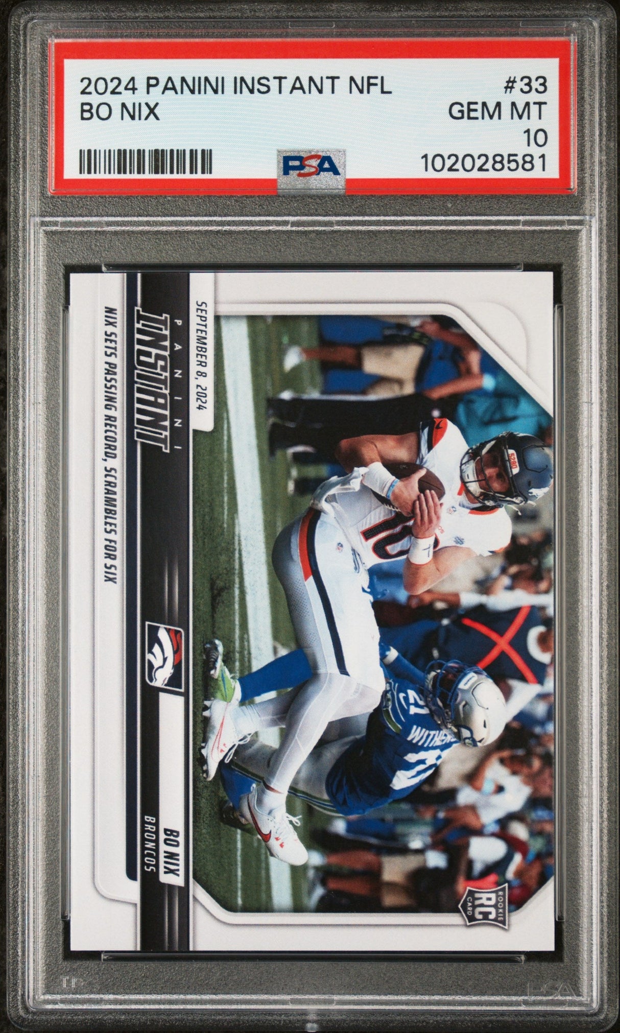 Tarjeta de fútbol americano Panini Instant NFL Bo Nix #33 Rookie RC de 2024, calificada, PSA 10 Gem Mint