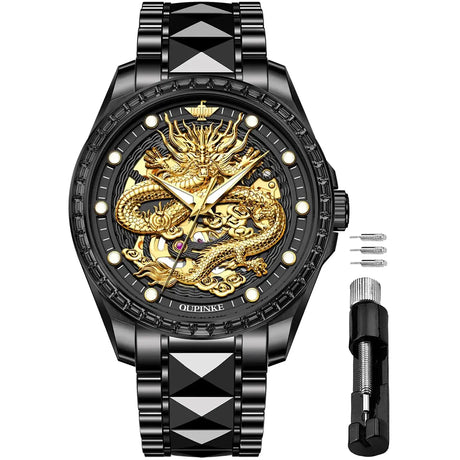 OUPINKE Black Gold Dragon Skeleton Mens Wrist Watches Luxury Dress Automatic Self Winding Mechanical Sapphire Crystal Diamond Waterproof Luminous Tungsten Steel Band Watches - Lootquake