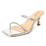 FRJR Womens Dress Shoes Kitten Heel Rhinestones Open Toe Heels Square Toe Sandals Low Wedding Shoes Party Shoes Dress Shoes - Lootquake