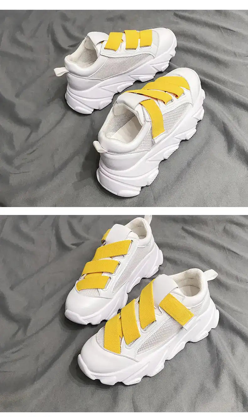 Velcro Platform Sneakers, Dad Shoes, White Casual Shoes - Lootquake