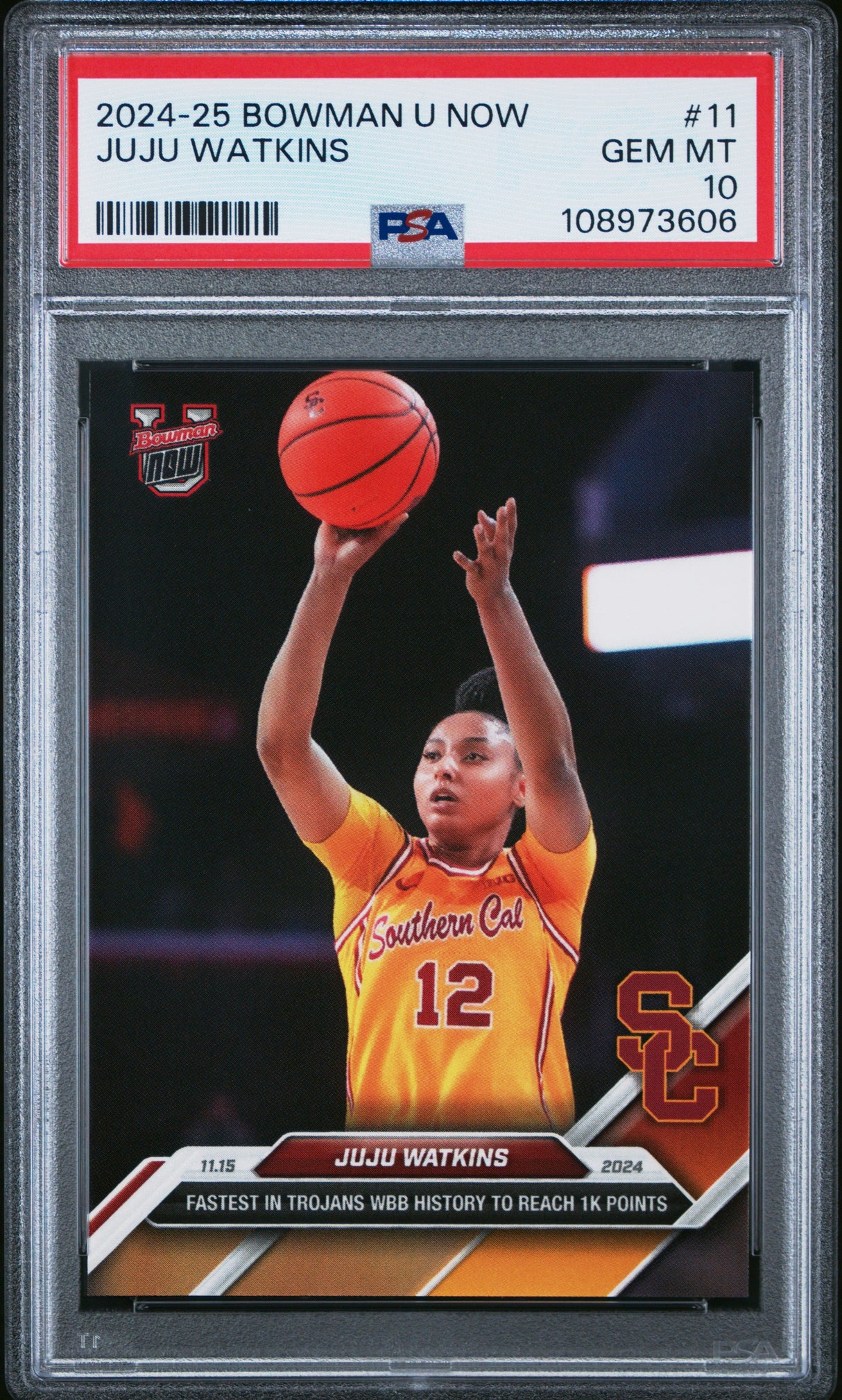 Tarjeta de baloncesto RC JuJu Watkins #11 Rookie de Topps Bowman U. 2024, calificada, PSA 10 Gem Mint