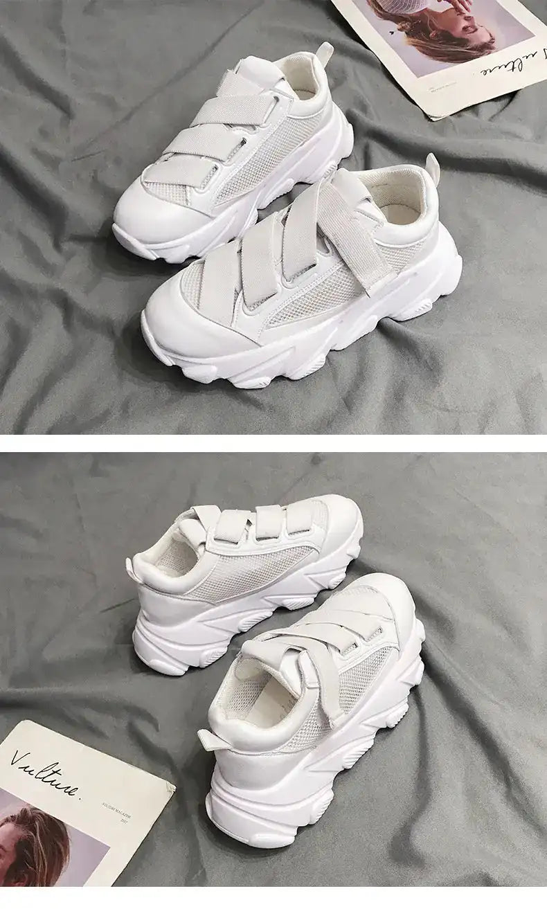 Velcro Platform Sneakers, Dad Shoes, White Casual Shoes - Lootquake