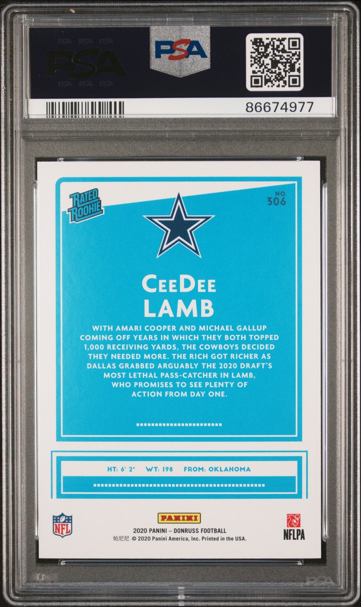 Tarjeta de fútbol Panini Donruss CeeDee Lamb n.° 306 Rookie RC, clasificada en 2020, PSA 9 Mint