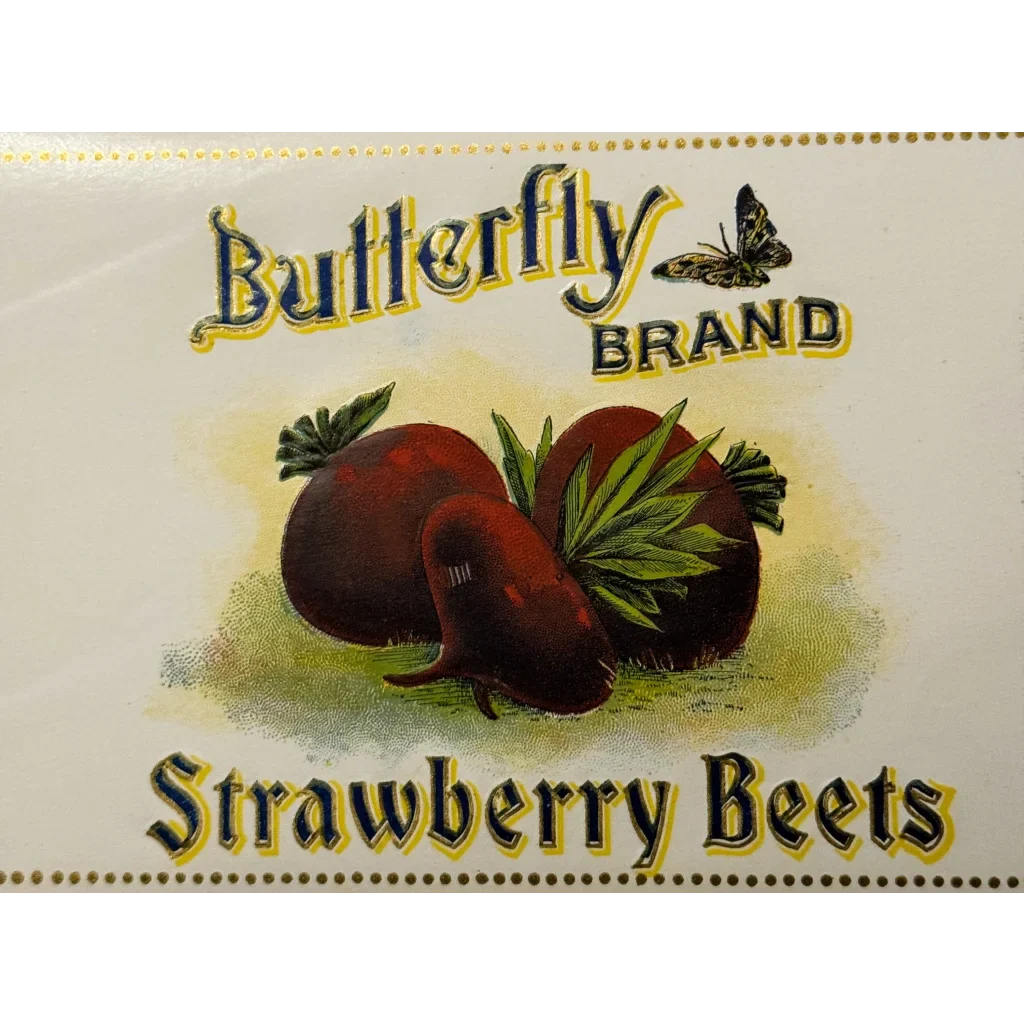 Rare 1900s Butterfly Gold Embossed Strawberry Beets Label
