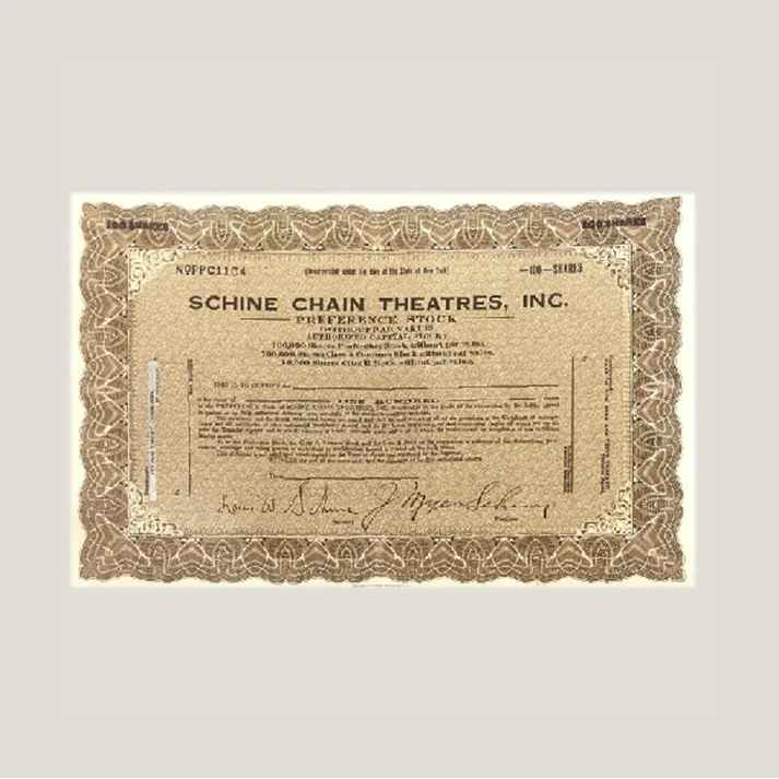 Rare 1920s Schine Chain Theatres Stock Certificate Captures Silent Era