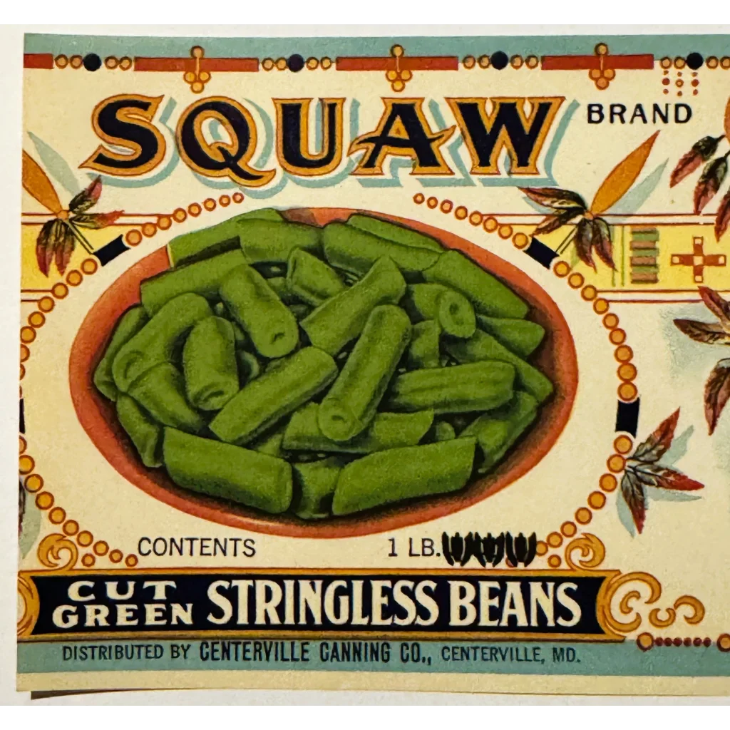 Antique 1920s Squaw Gold Embossed Can Label 3, Centerville, MD, Native American!