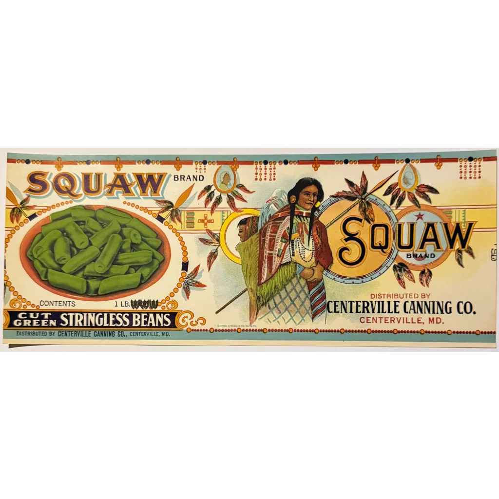 Antique 1920s Squaw Gold Embossed Can Label 3, Centerville, MD, Native American!