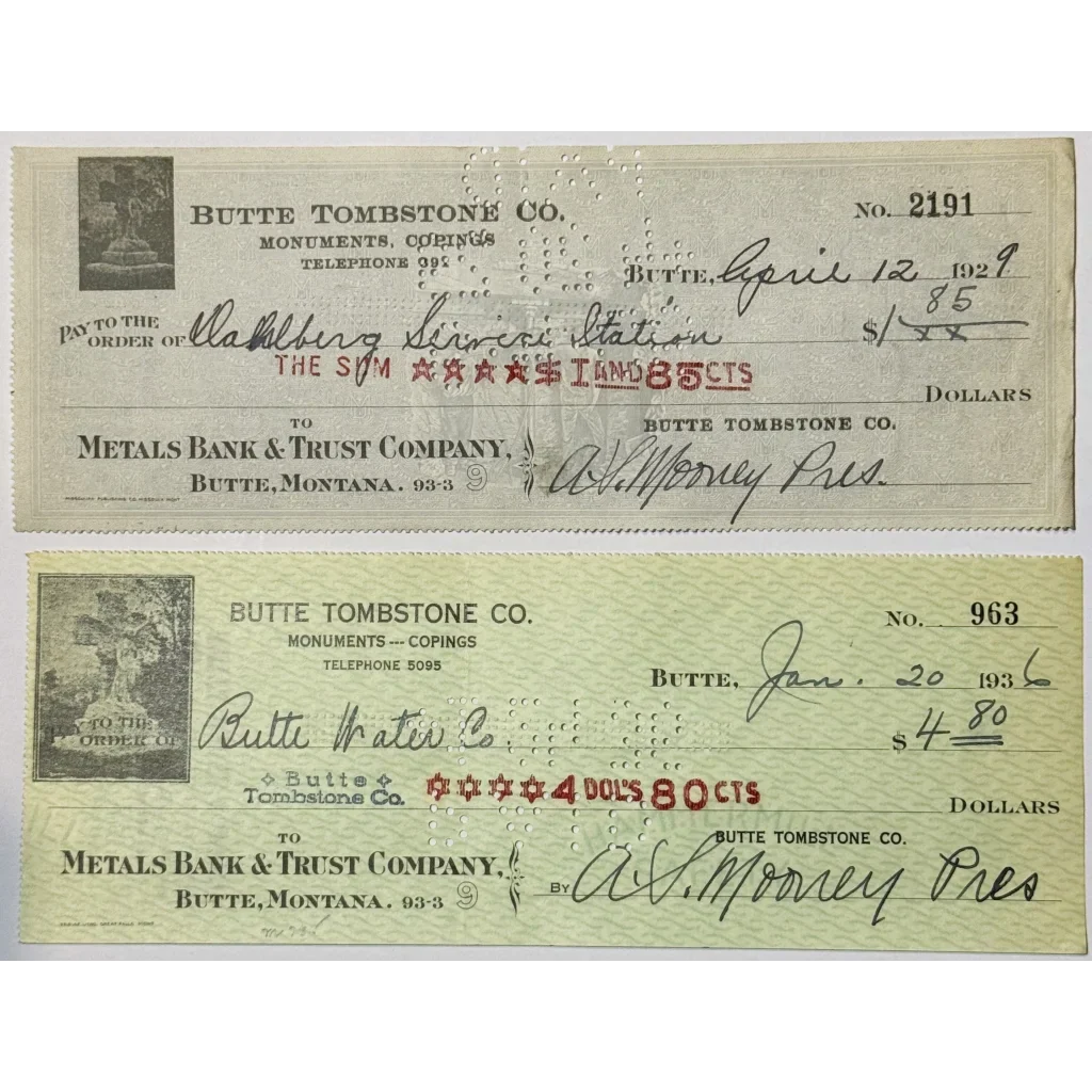 Rare 1930s Butte Tombstone Company Checks from Montana Mining Era