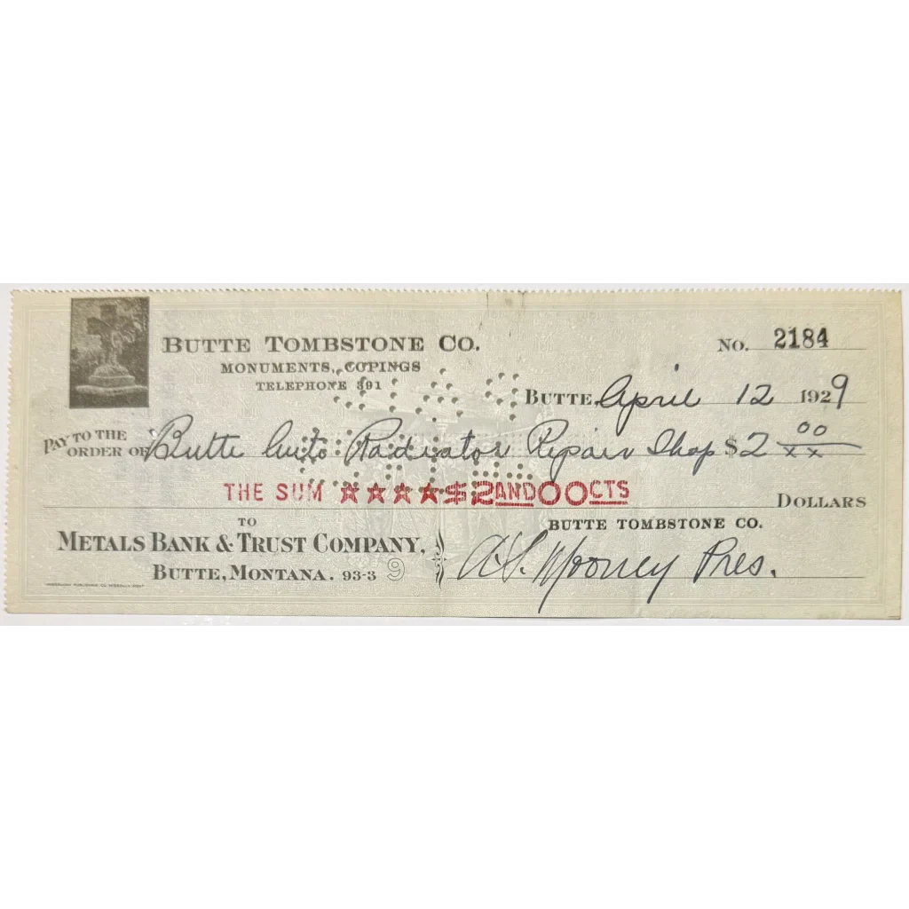 Rare 1930s Butte Tombstone Company Checks from Montana Mining Era