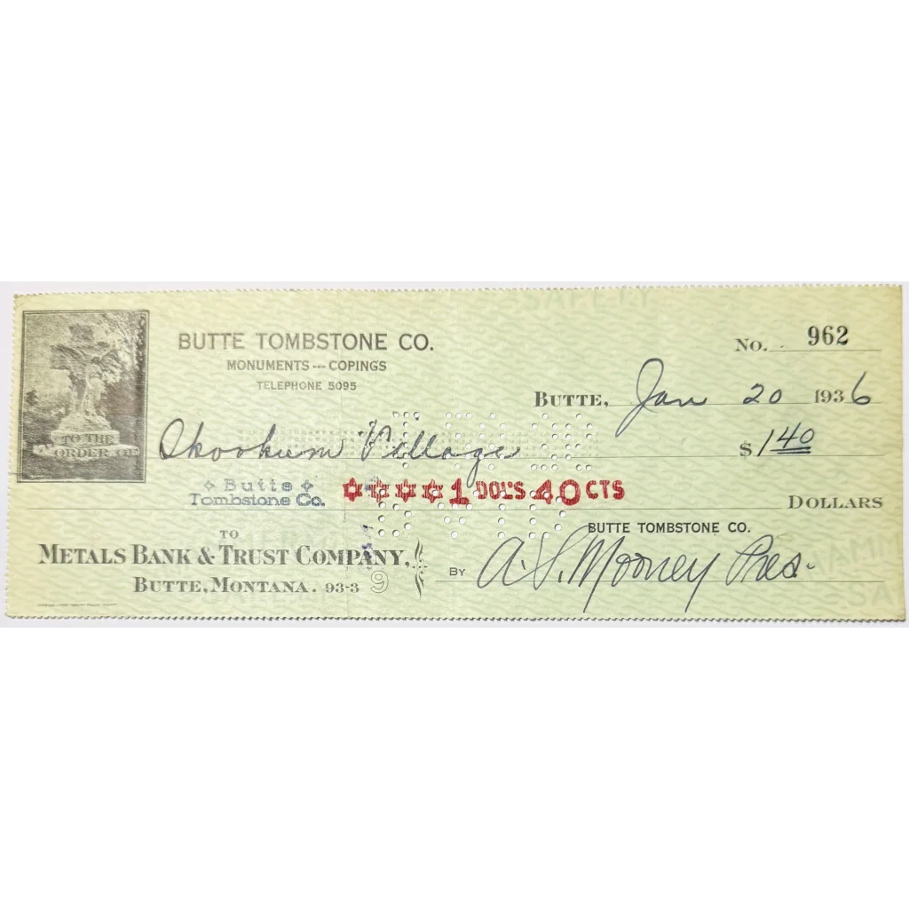 Rare 1930s Butte Tombstone Company Checks from Montana Mining Era