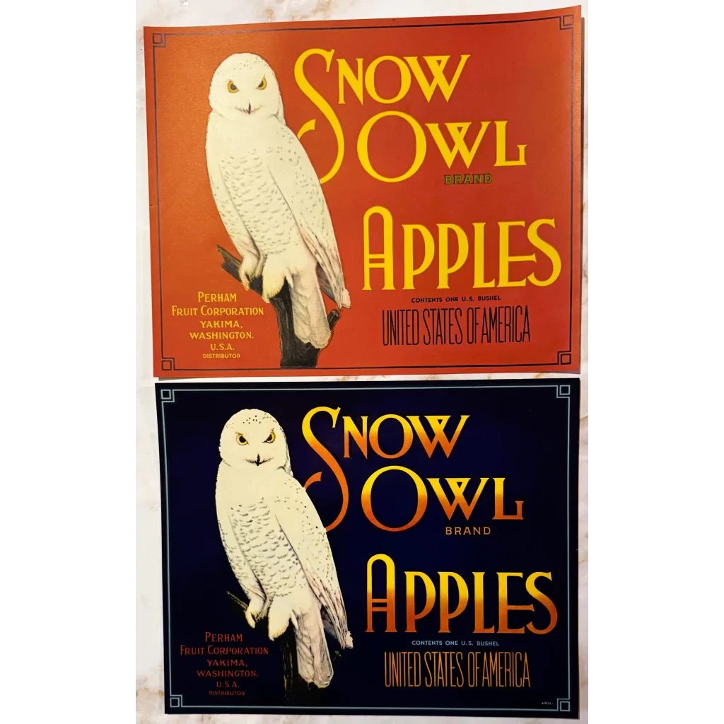 Rare 1930s Snow Owl Apple Crate Label from Yakima Washington