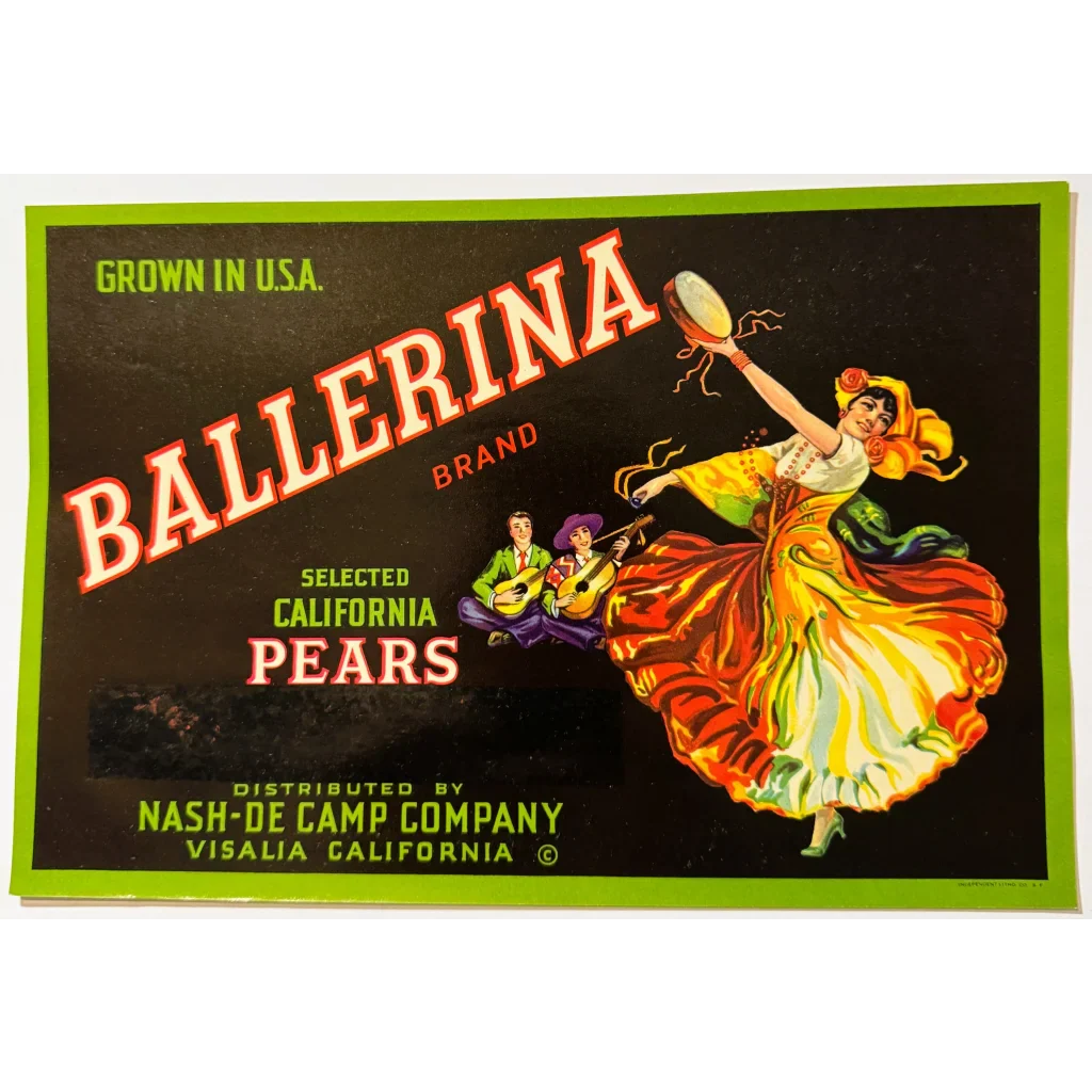 Rare 1940s Ballerina Pears Crate Label from Nash-De Camp