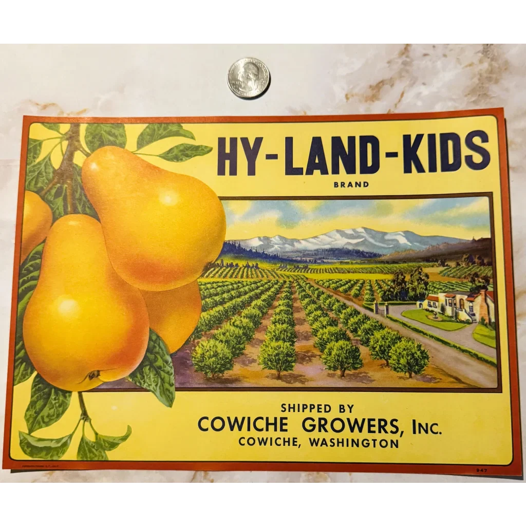 Rare 1940s Hy-Land-Kids Pears Label from Cowiche Washington