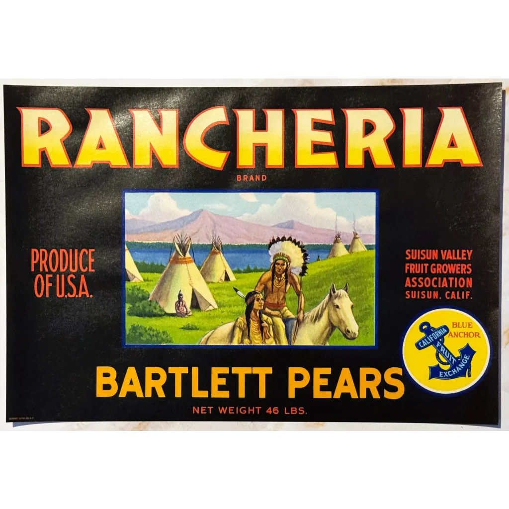 Rare 1950s Rancheria Pear Label with Native American Scene