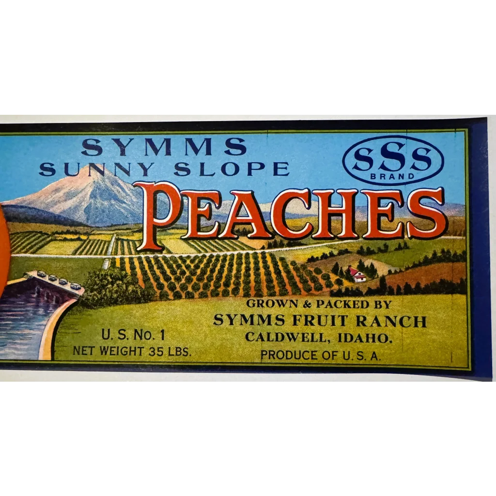 Rare 1950s Symms Fruit Ranch Sunny Slope Peaches Crate Label