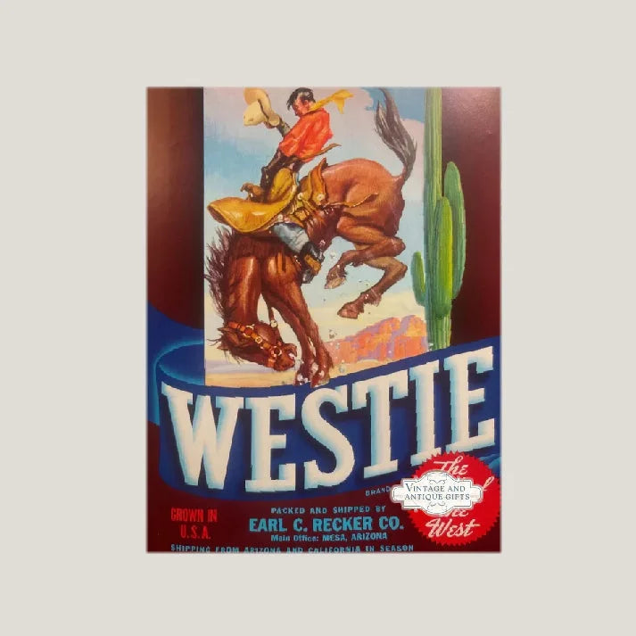 Rare 1950s Westie Crate Label Showcases Wild West Rodeo Scene