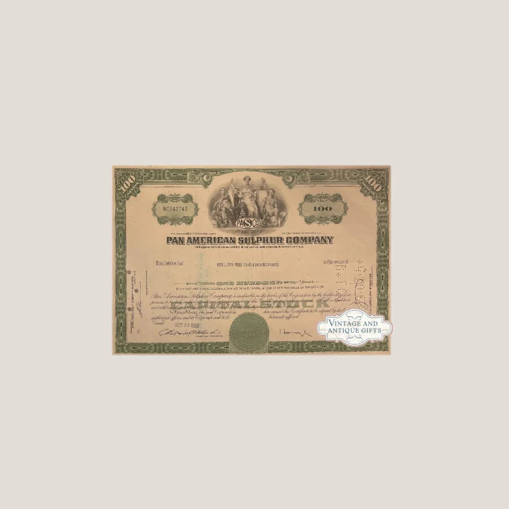 Rare 1960s Pan American Sulphur Stock Certificate from Delaware