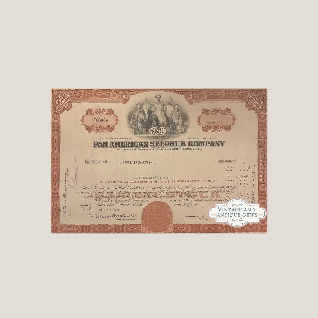 Rare 1960s Pan American Sulphur Stock Certificate From Delaware