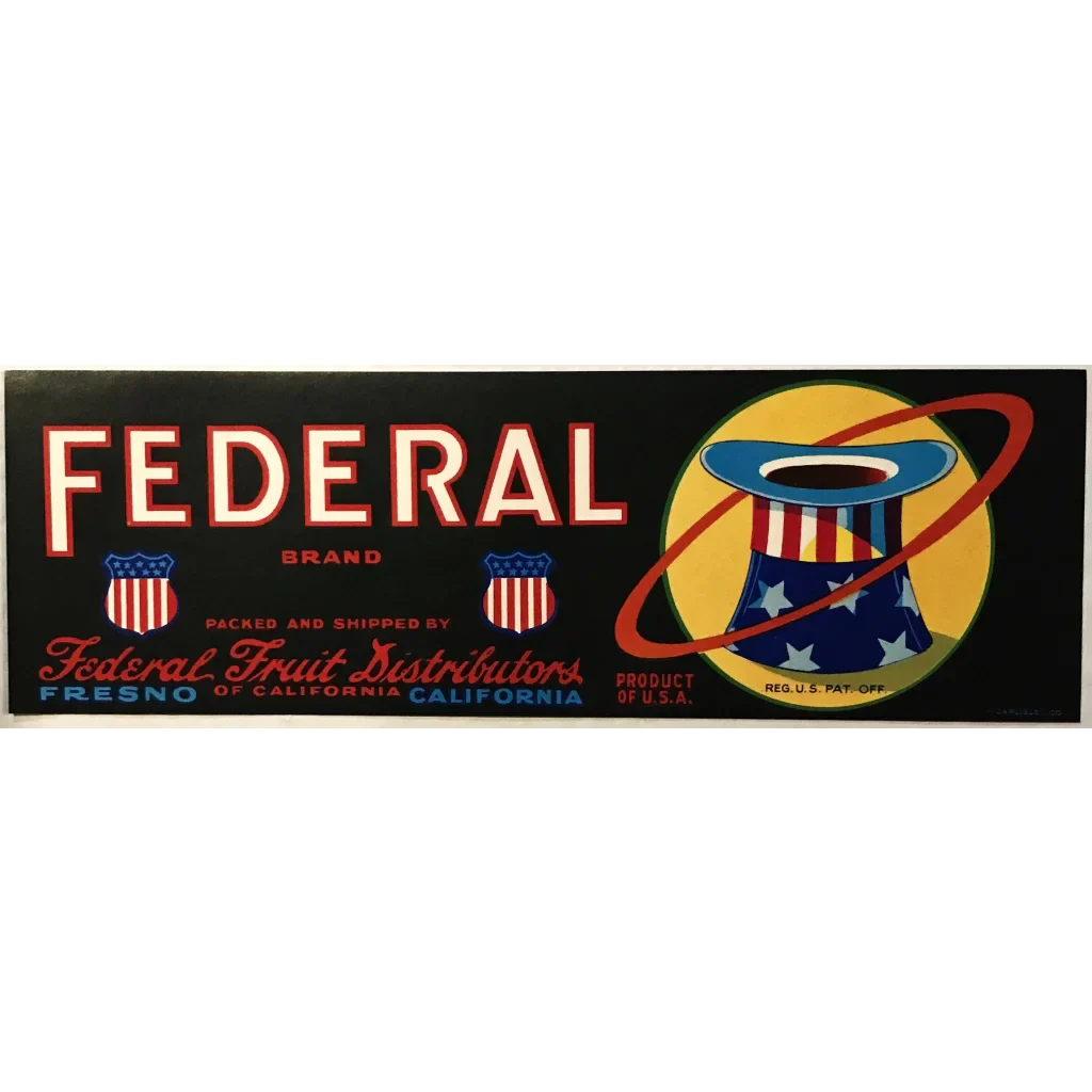 Rare Antique 1950s Federal Crate Label Fresno Patriotic Americana