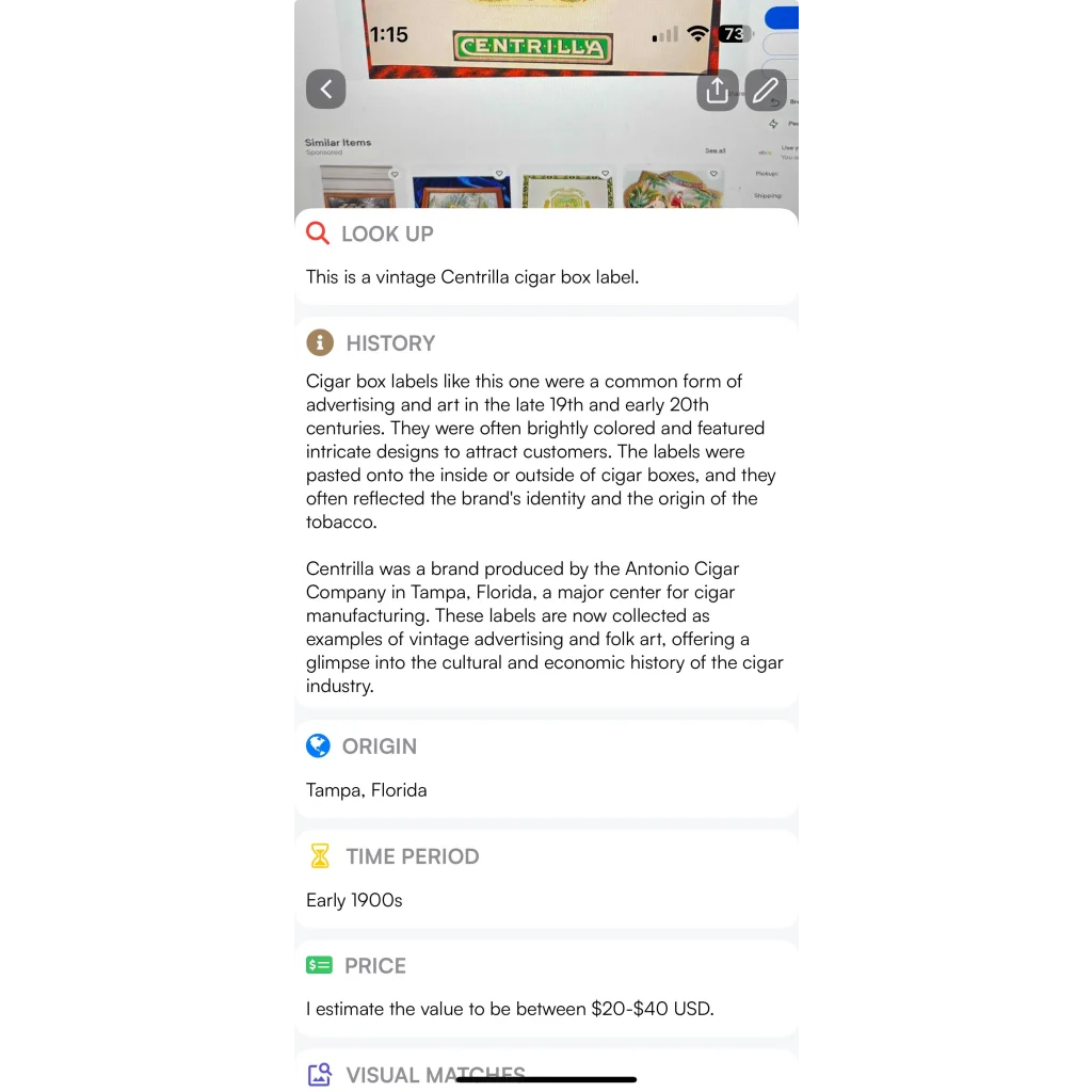 Rare Antique Centrilla Embossed Cigar Label From Tampa's Golden Age