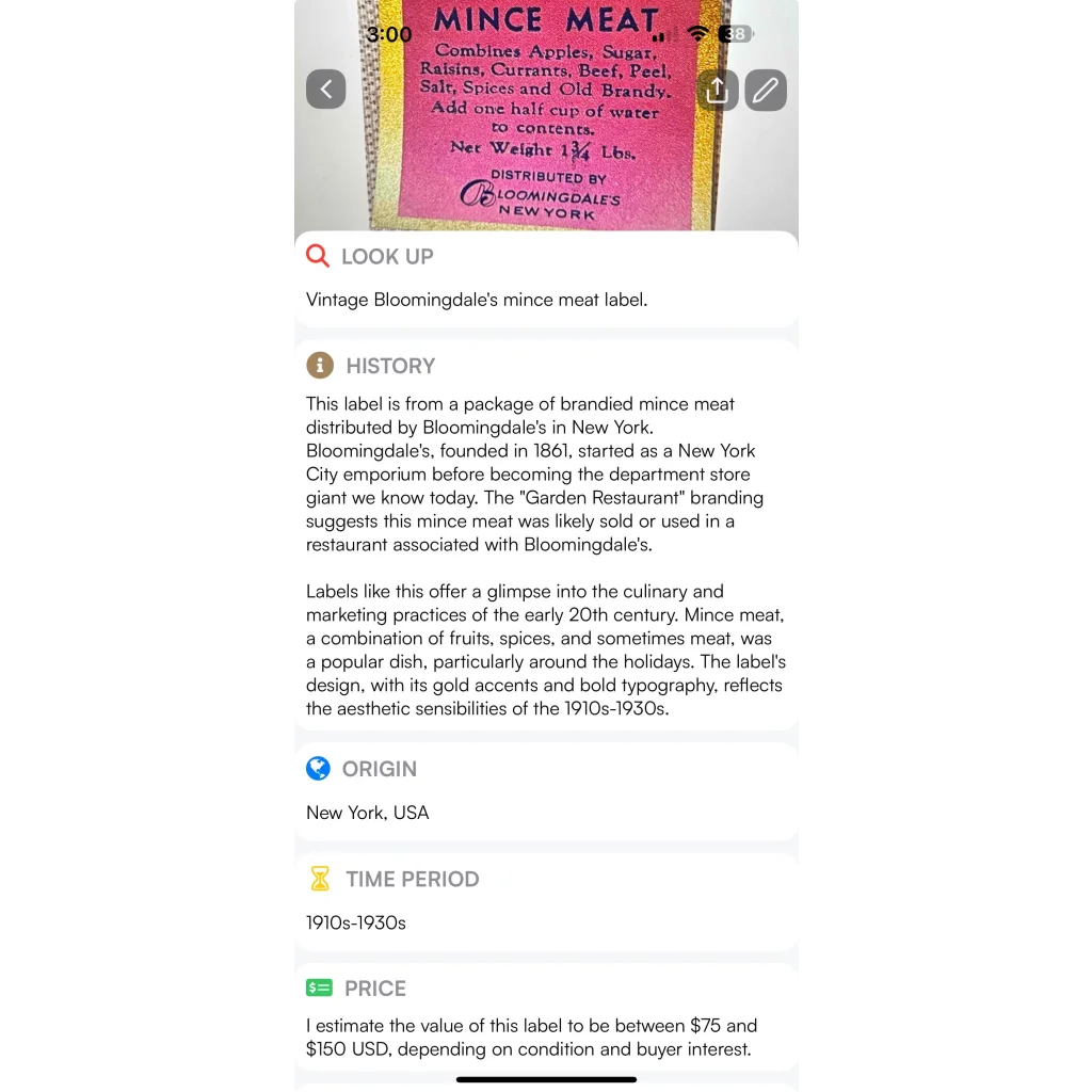 Rare Antique Golden Restaurant Mince Meat Label from Bloomingdales