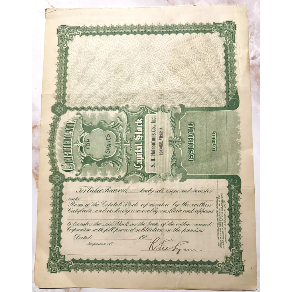 Rare Antique Heironimus Stock Certificate from Downtown Roanoke
