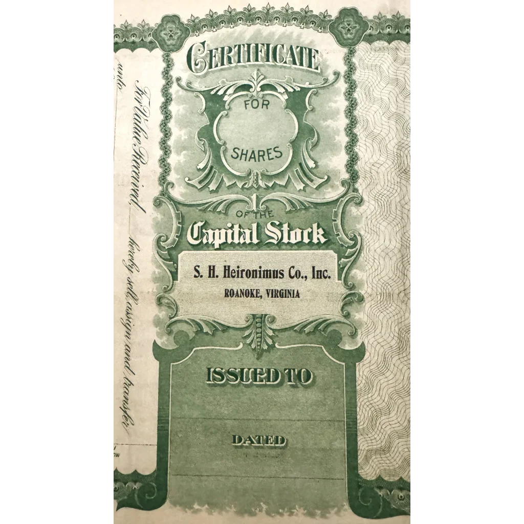 Rare Antique Heironimus Stock Certificate from Downtown Roanoke
