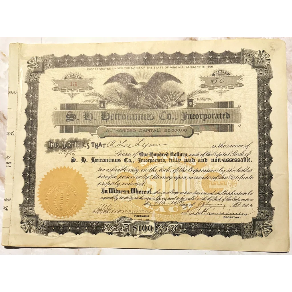 Rare Antique Heironimus Stock Certificate from Downtown Roanoke