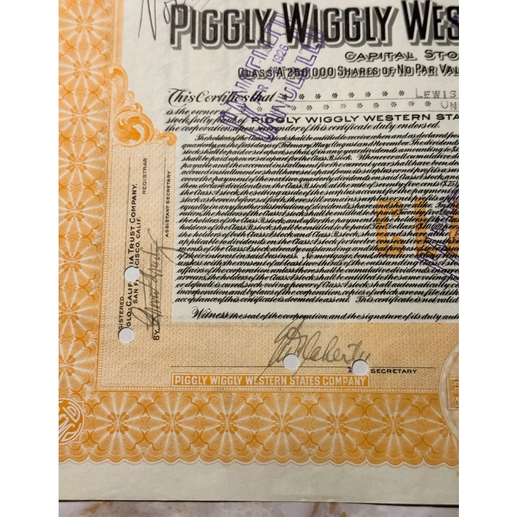 Rare Antique Piggly Wiggly Stock Certificate From 1916 Memphis