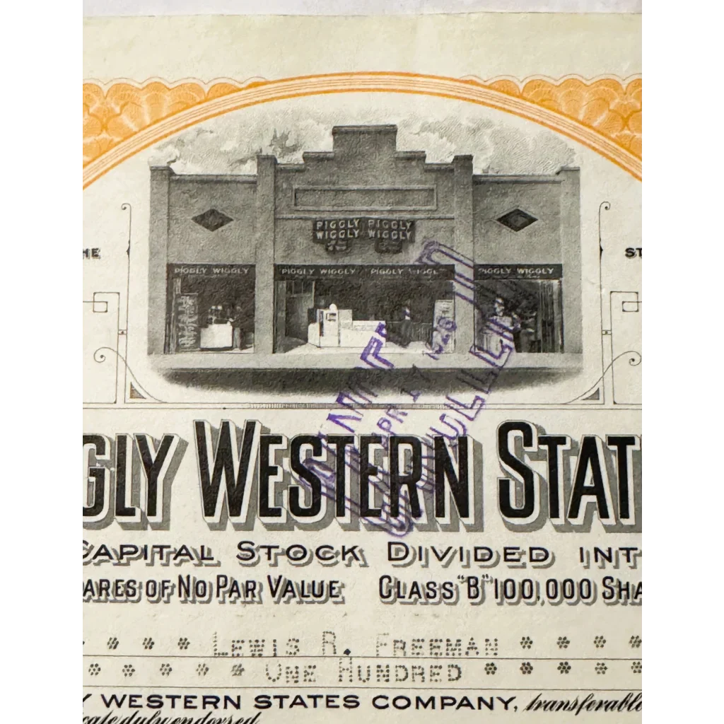 Rare Antique Piggly Wiggly Stock Certificate From 1916 Memphis