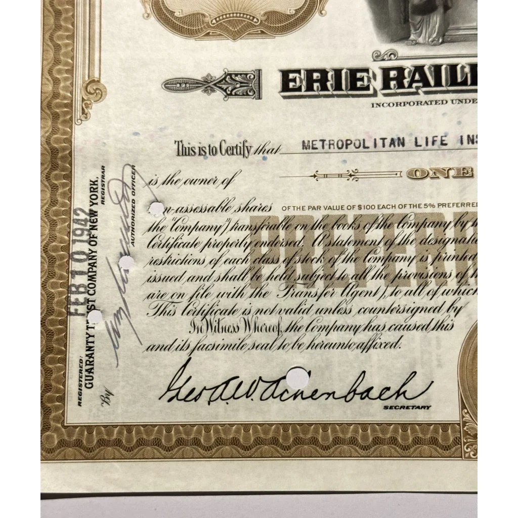 Rare Antique Vintage 1940s Erie Railroad Stock Certificate Brown