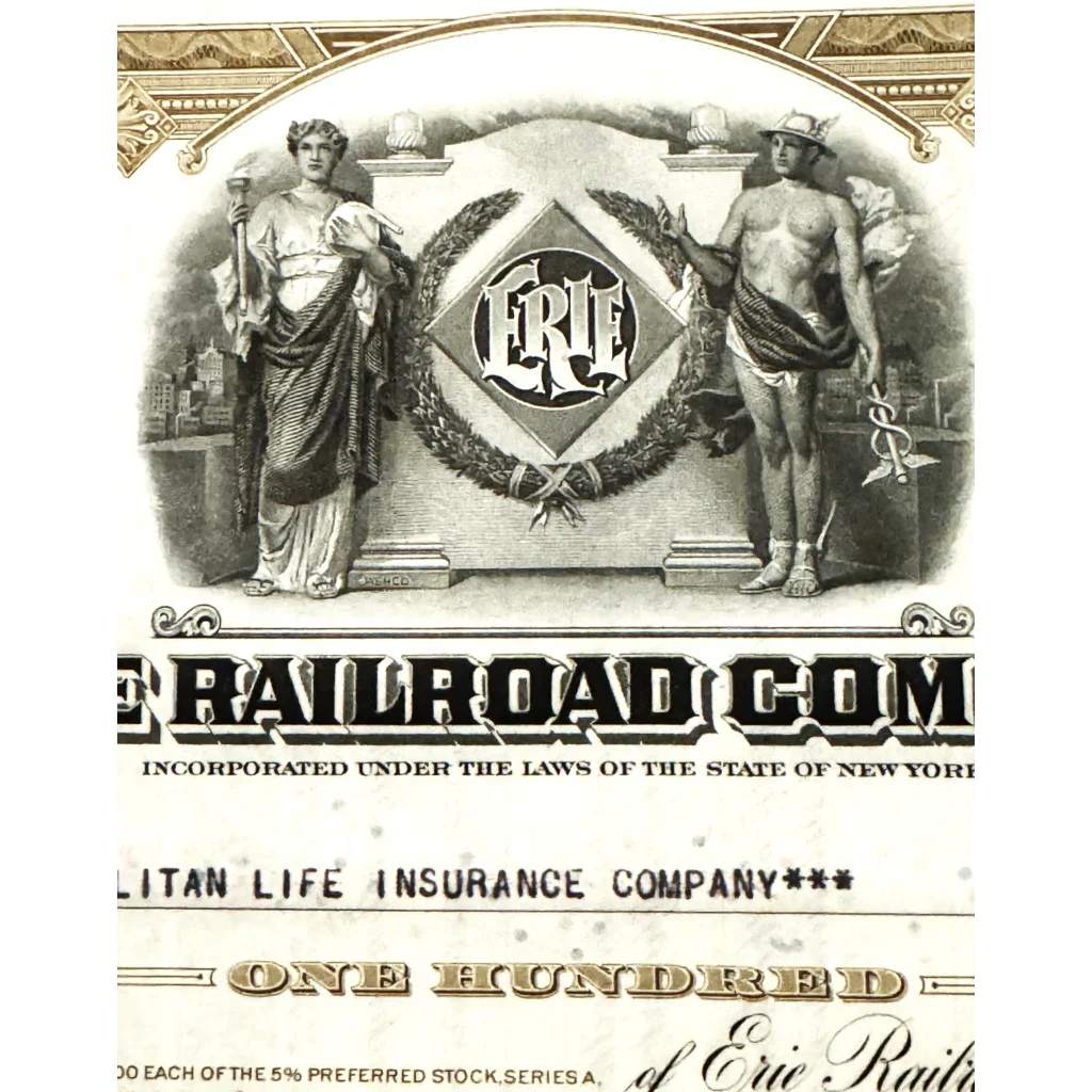 Rare Antique Vintage 1940s Erie Railroad Stock Certificate Brown