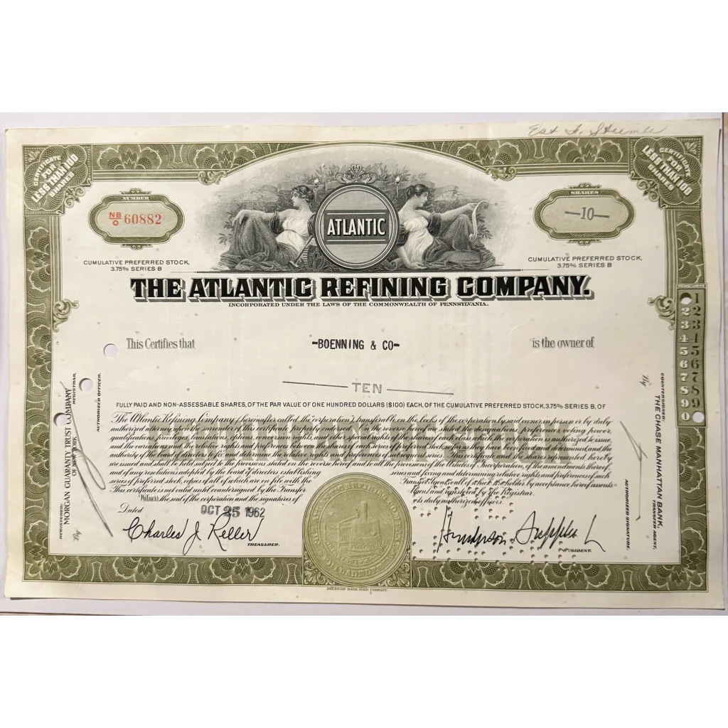 Rare Atlantic Refining Company Stock Certificate from the 1950s