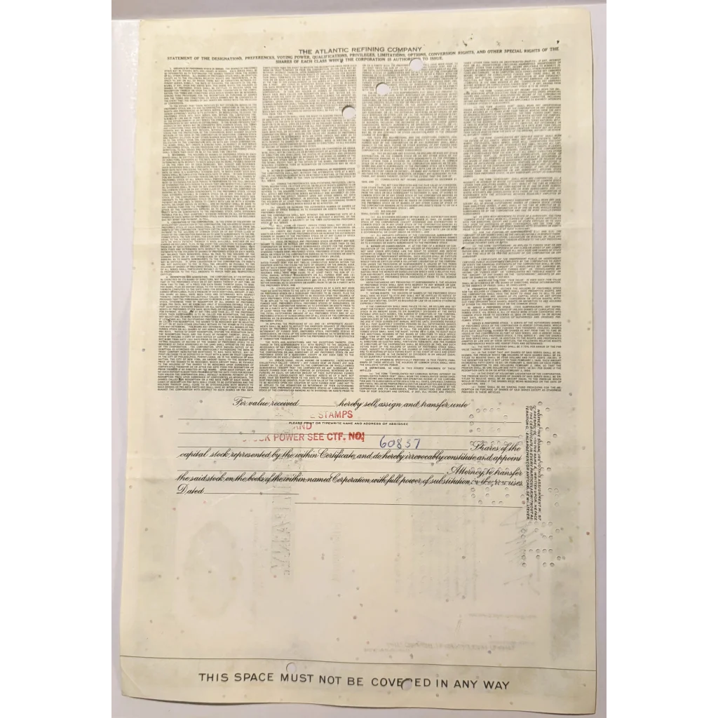 Rare Atlantic Refining Company Stock Certificate from the 1950s